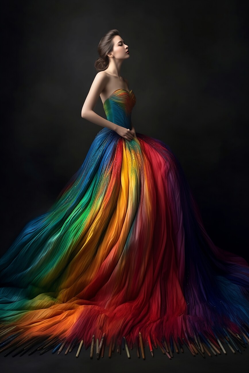Undervisning Vædde synder Kunstneriske illustration | Woman in couture ball gown made out of  watercolored pencils | Europosters