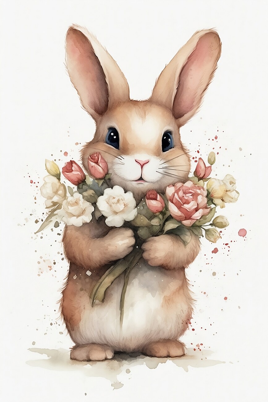 Wall Art Print | Cute bunny rabbit holdning flowers | Europosters