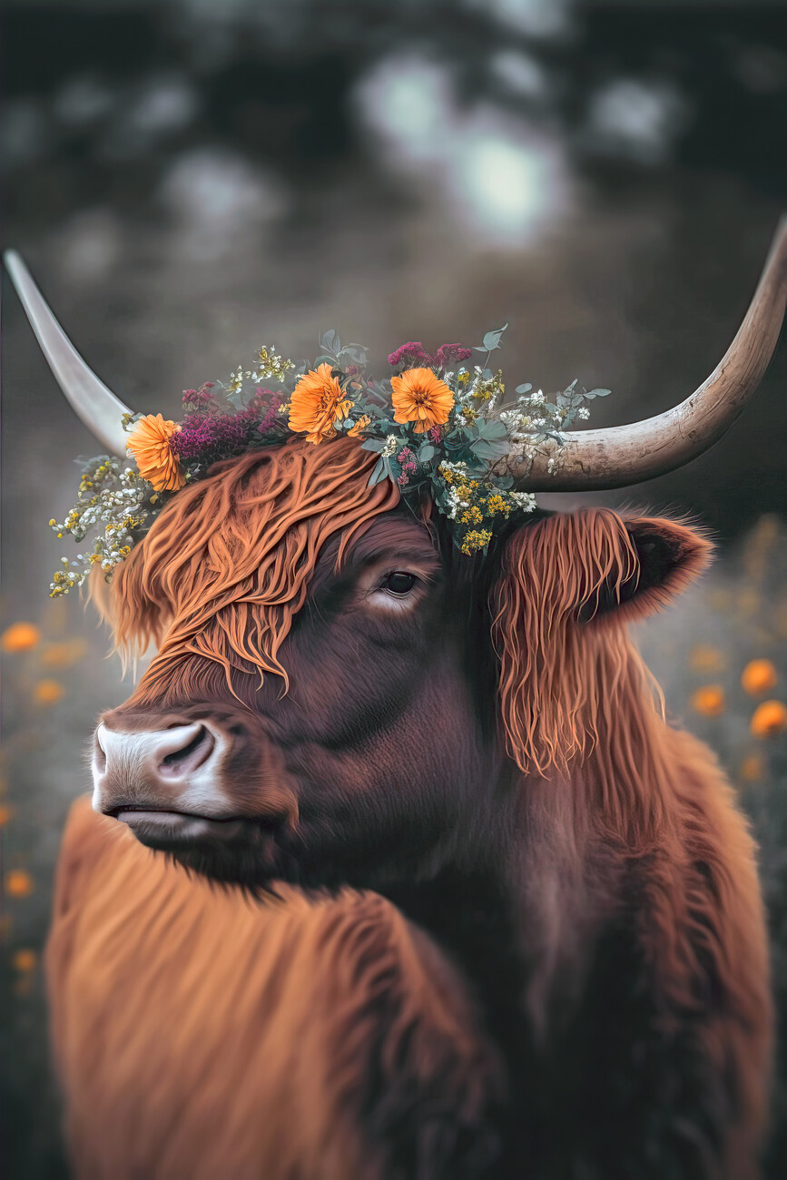 Art Photography Highland Cow With Flowers