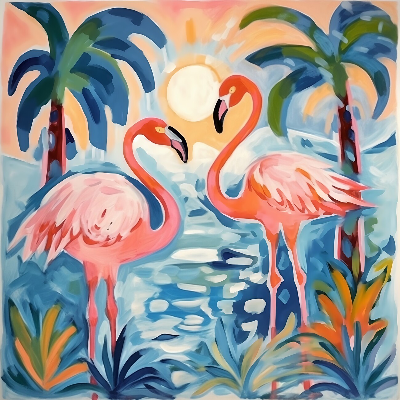 Illustrazione artistiche, two cute pink flamingos under palm trees by the  beach