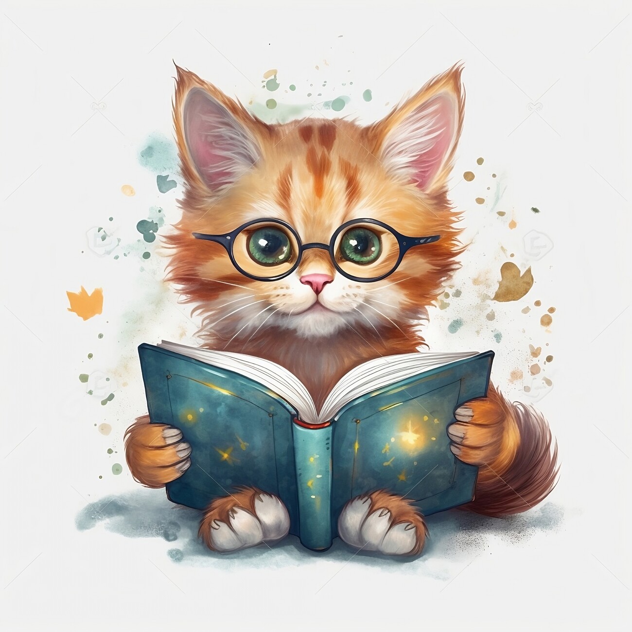 Wall Art Print | very cute cat wearing glasses reading book ...