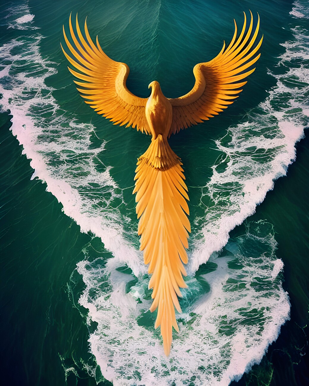 Art Poster Surreal golden mythical phoenix bird & ocean background