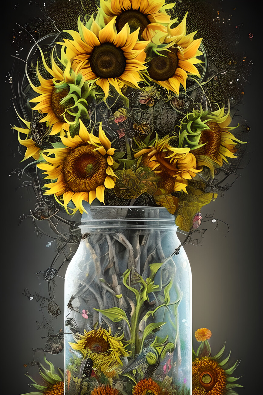 Wall Art Print, Sunflower Landscape in a Mason Jar