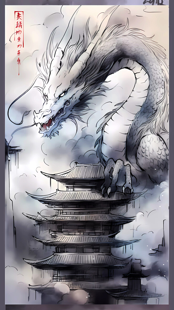 Illustrazione artistiche, The Dragon & Pagoda: A Traditional Tale of  Chinese Creatures