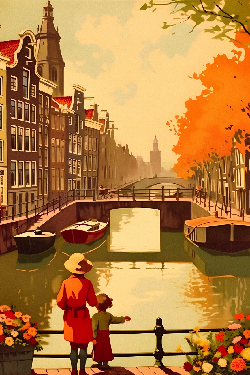 Olahoop Travel Posters Large Canvas Art Prints - Amsterdam Travel Poster ( places > Europe > Netherlands > Amsterdam > Amsterdam Travel Posters art) 