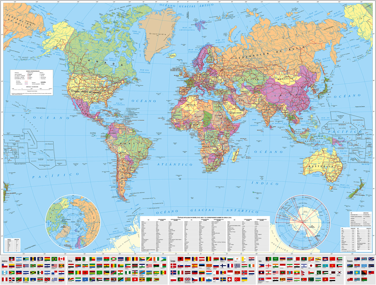 Map of Mapamundi político, con las banderas de casi todos los paíse ǀ Maps  of all cities and countries for your wall