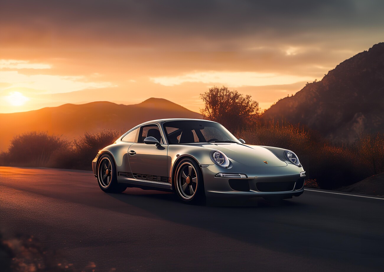 4k, 16:9 wallpaper for a pc, porsche 911 on a road with sunset