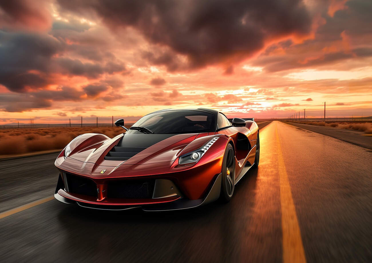 Wall Art Print | La Ferrari Red Sport in Sunset on the Highway | Europosters
