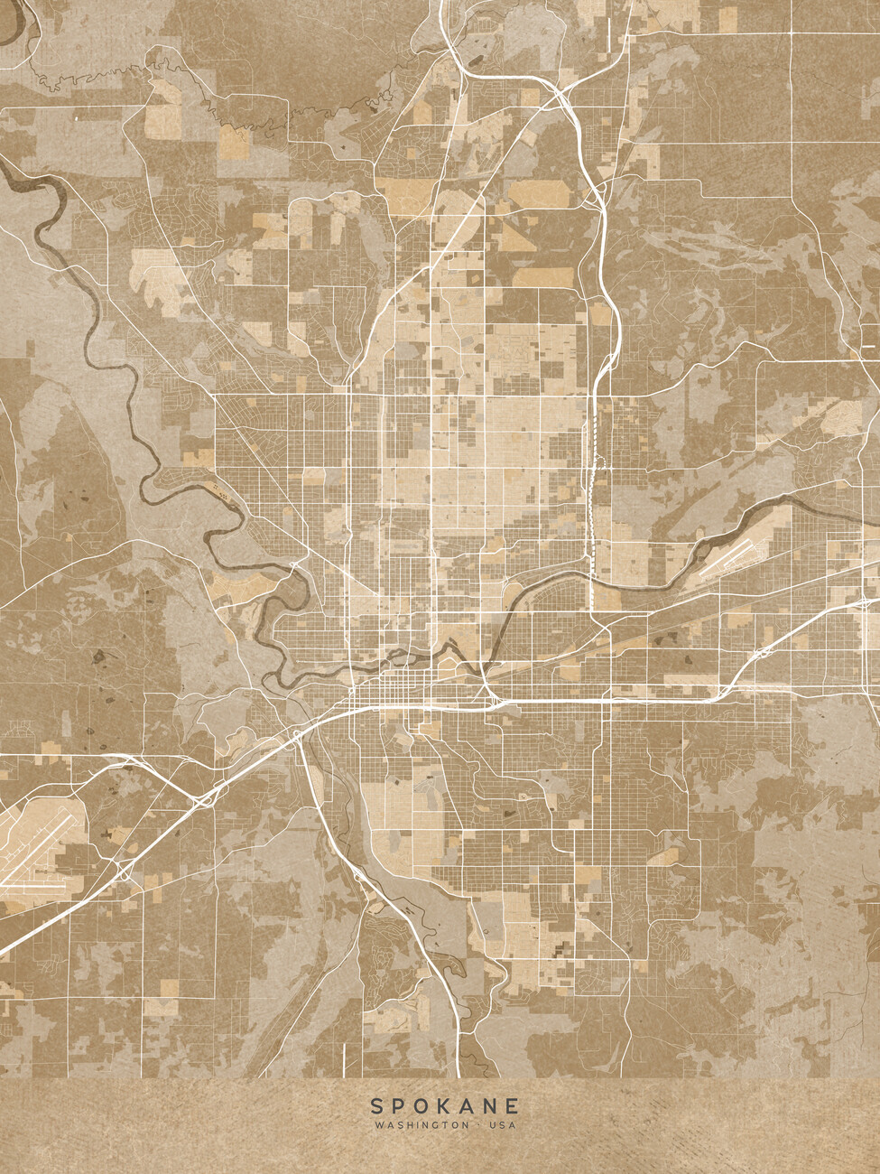 Map of Map of Spokane (WA, USA) in sepia vintage style ǀ Maps of all cities and countries for your wall