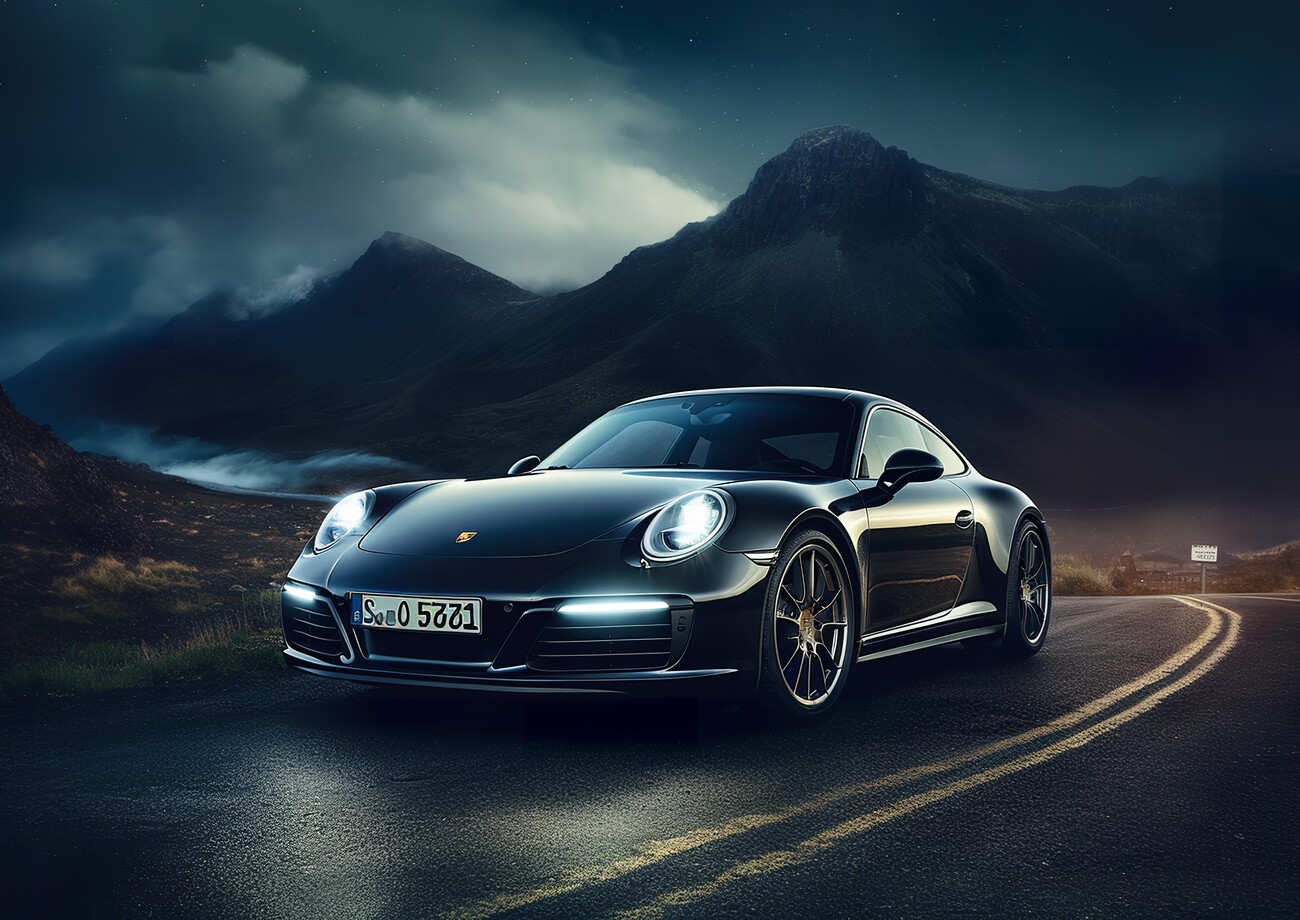 Art Poster Porsche 911 Carrera Car Mountain Road at Night