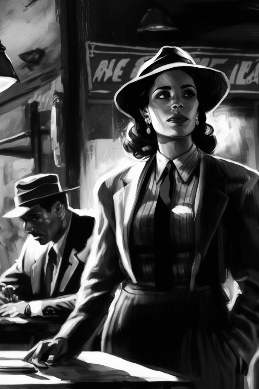 Illustration Black and White Woman Detective in the Bar