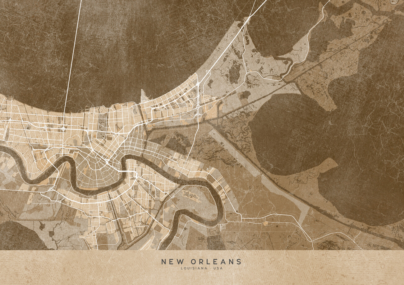 Map of Map of New Orleans (LA, USA) in sepia vintage style ǀ Maps of all  cities and countries for your wall