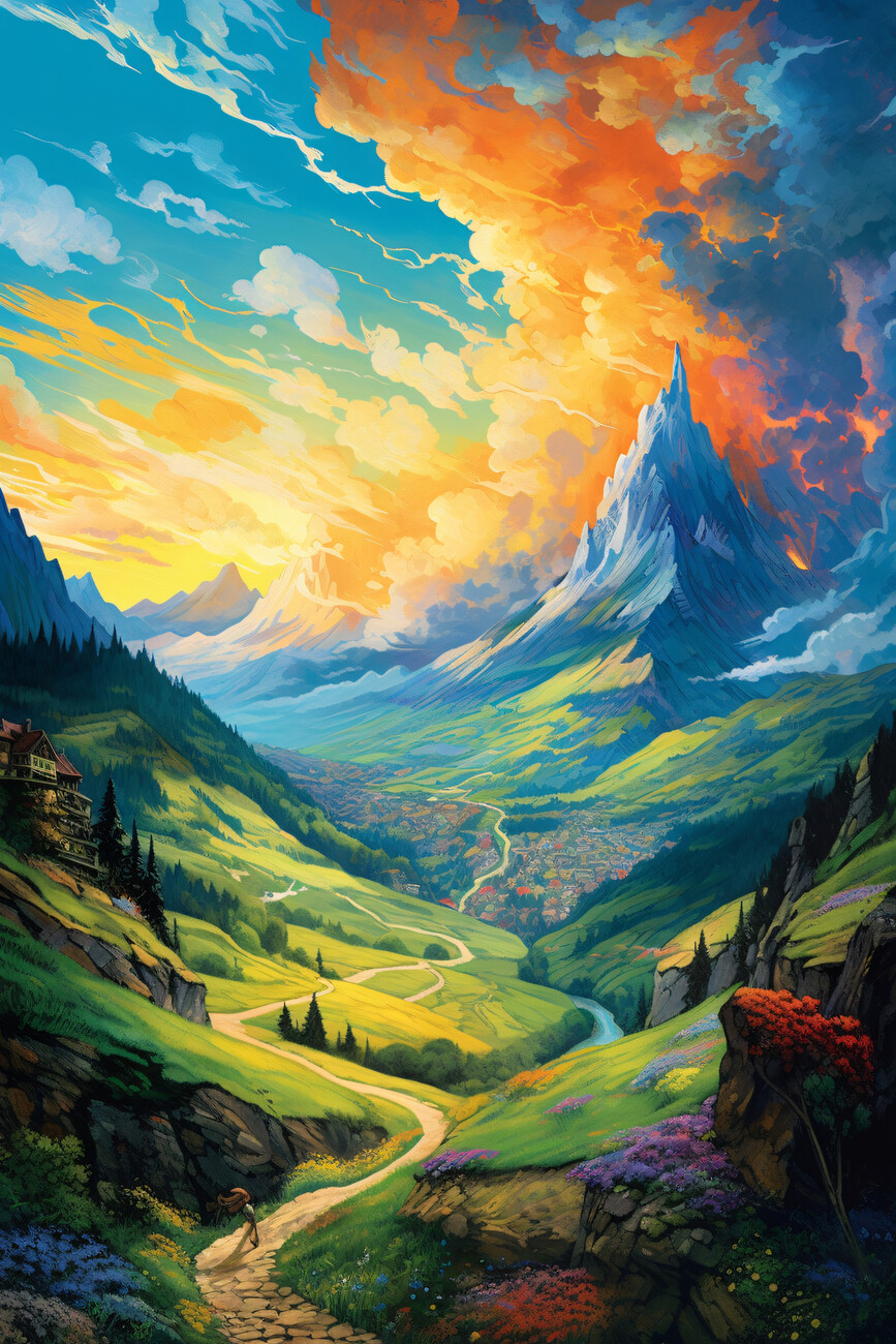Wall Art Print, Village under the Mountains Vibrant Painting