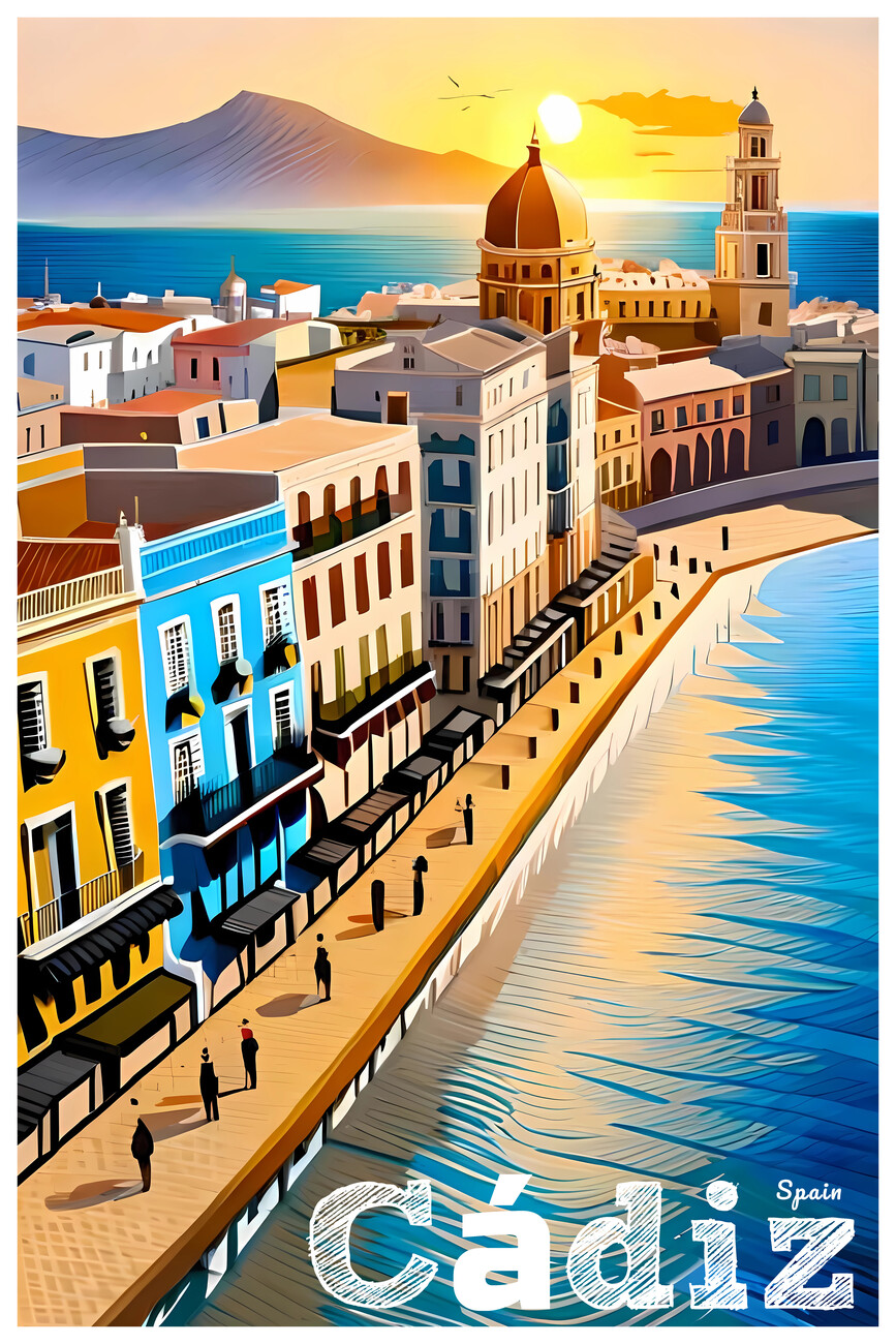 Illustrazione artistiche, Vintage Travel Poster of the City of Cadiz in  Spain