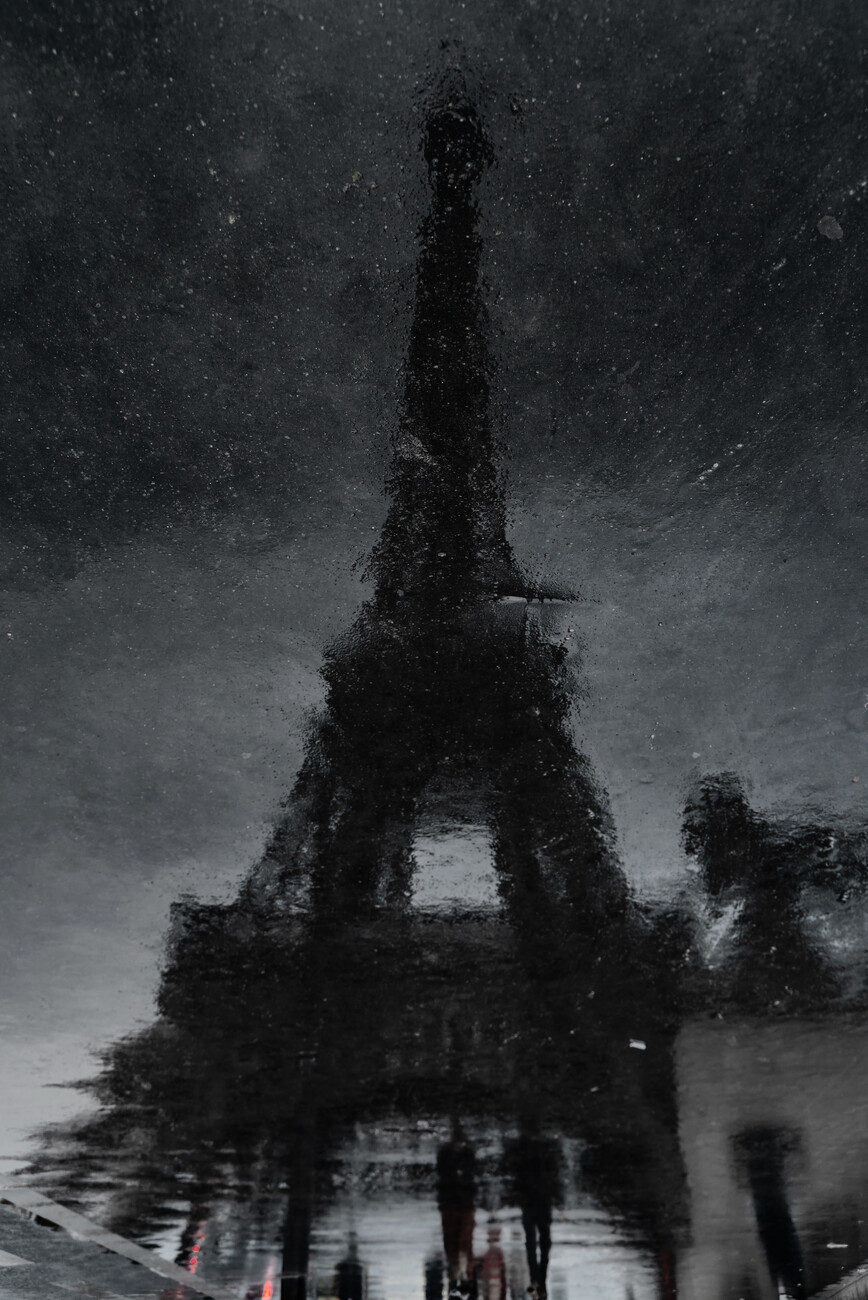 paris black and white rain