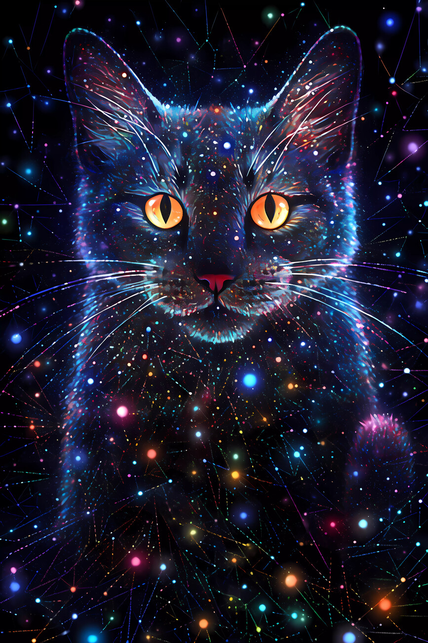 Wall Art Print, Psychedelic Cat Night Odyssey: A Feline Gaze from Space