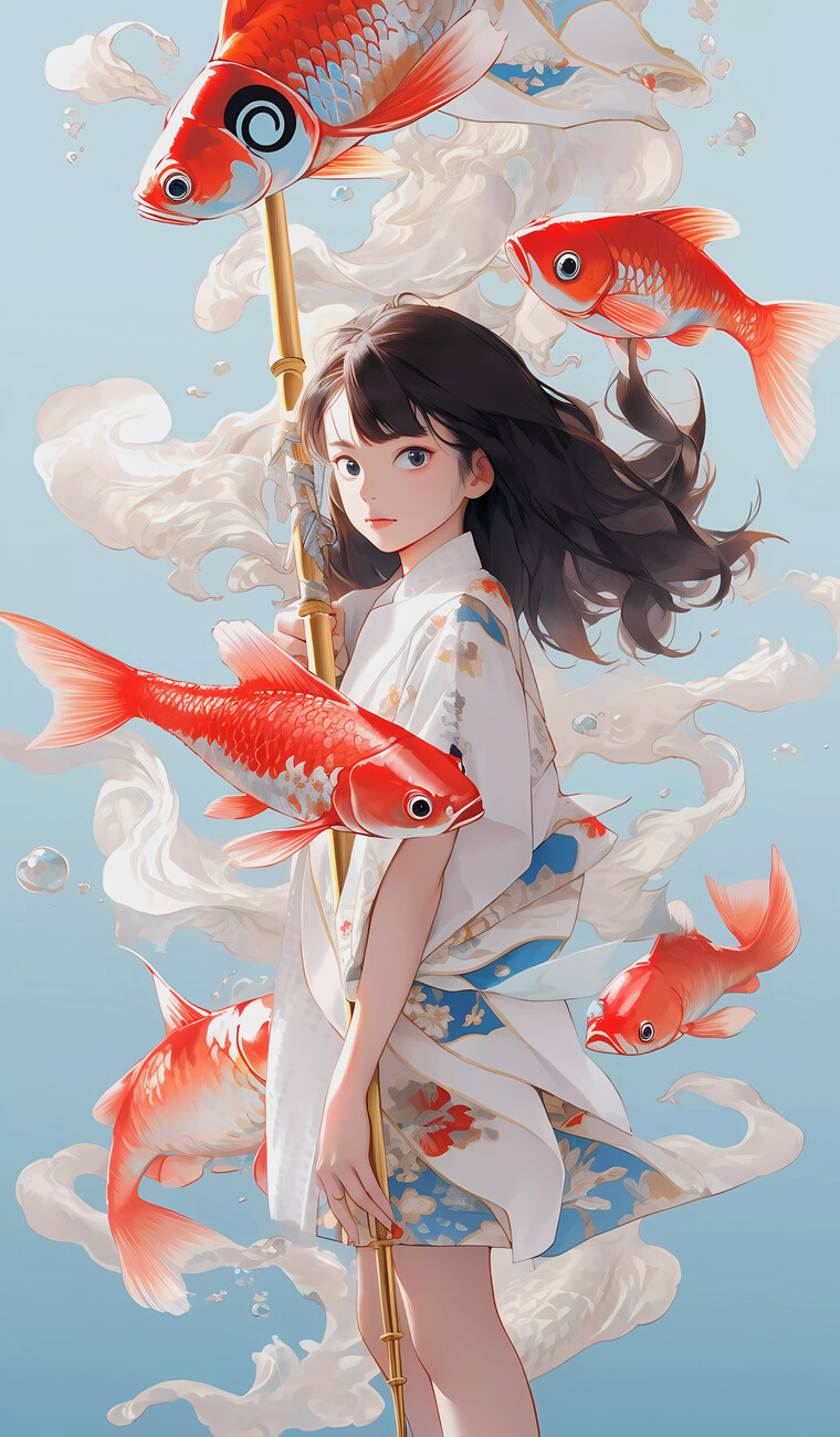 Wall Art Print  Kimono Elegance: Manga Girl with Floating Fish in