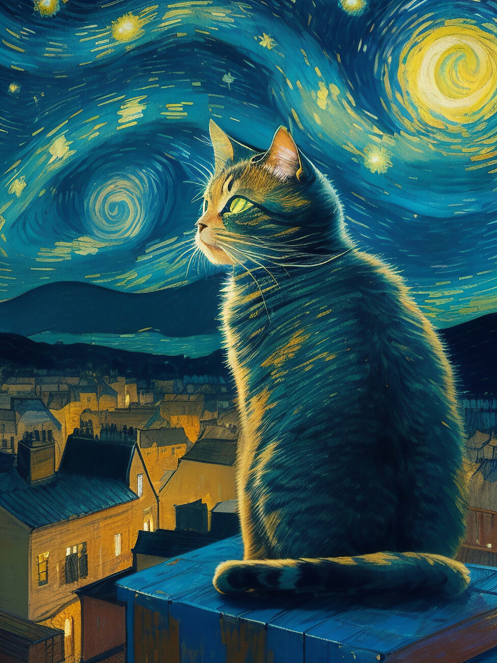 Best Friends Cute Dog and Cat Starry Night Art Print Picture by