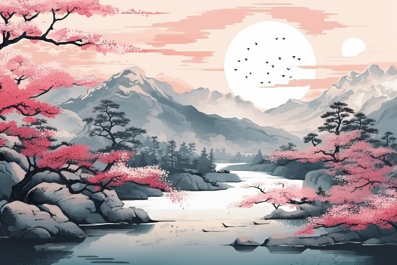 Illustration Japanese landscape painting style