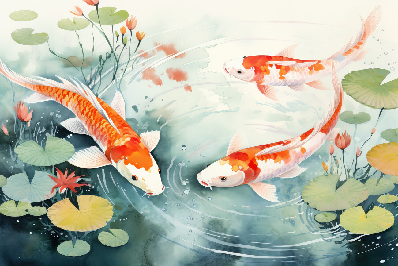 Wall Art Print, Fish in a pond Japanese painting style