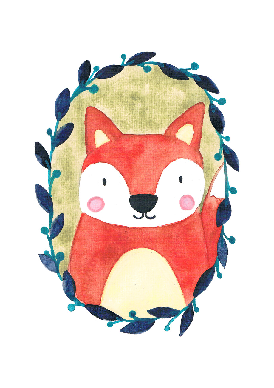 Wall Art Print, Cute baby fox, watercolor illustration