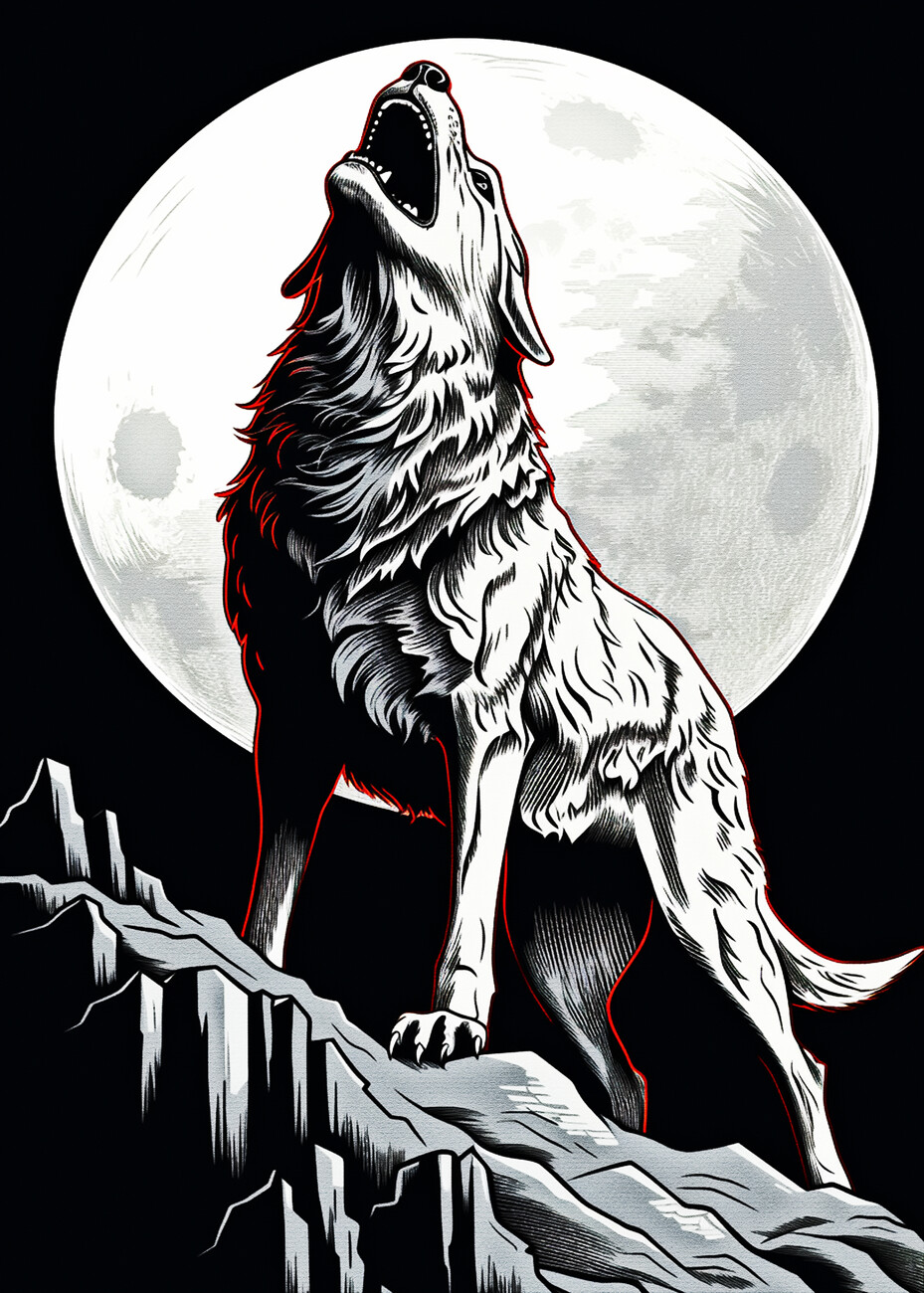 black and white wolf howling drawing