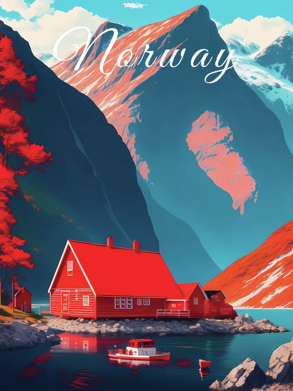 Illustration Norway Fjord Cabin Travel Poster
