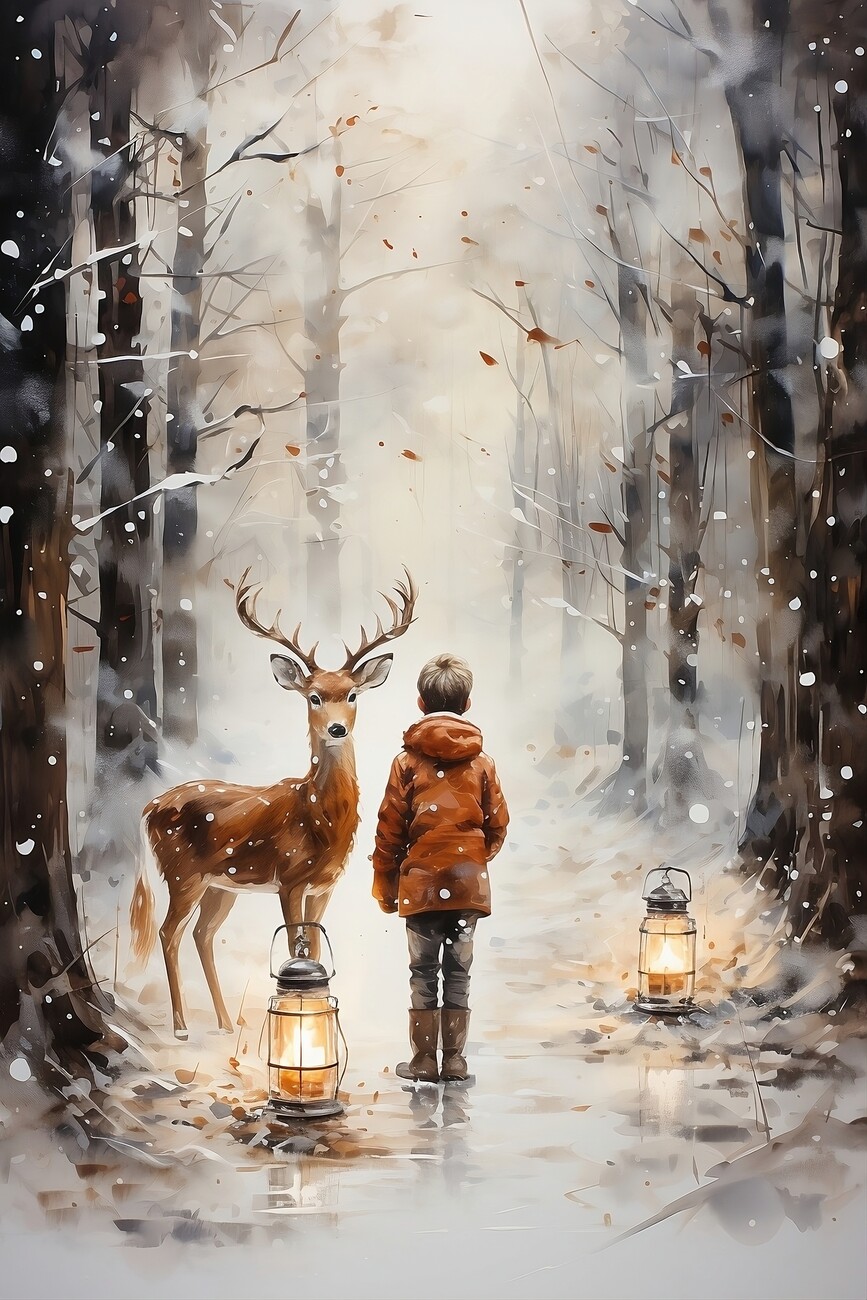 Fototapeta Christmas Magic, Boy meets raindeer