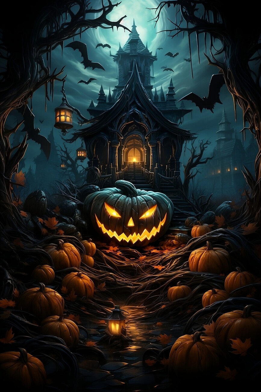 Wall Art Print Halloween, Haunted House, Scary Pumpkin | Gifts