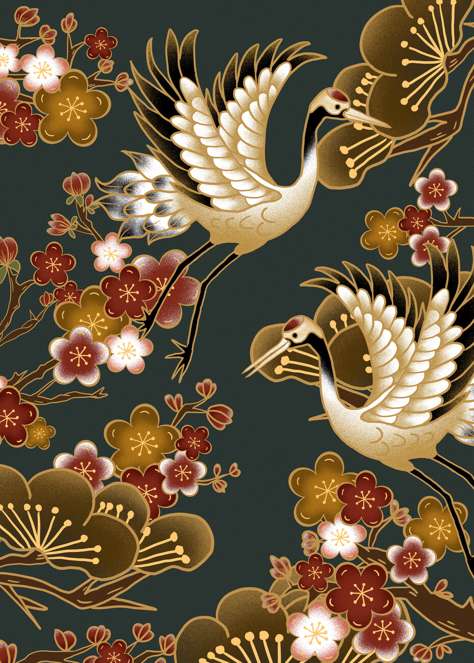 Yellow gold leaf panoramic wallpaper - Japanese cranes