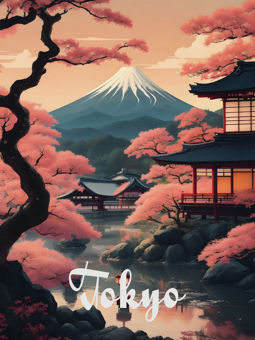 Illustration artistiques, Tokyo Temple by Mount Fuji Travel Poster