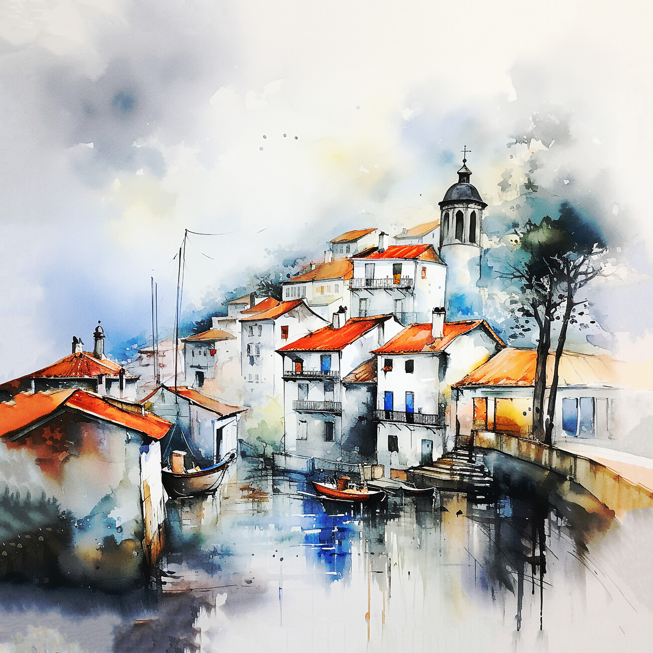 Canvas Print Abstract watercolor storytelling, Village Street painting