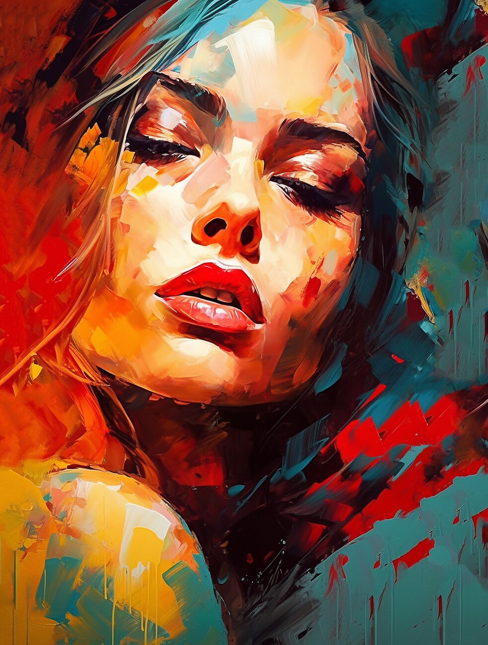 Wall Art Print | Beautiful girl portrait, acrylic abstract painting for ...