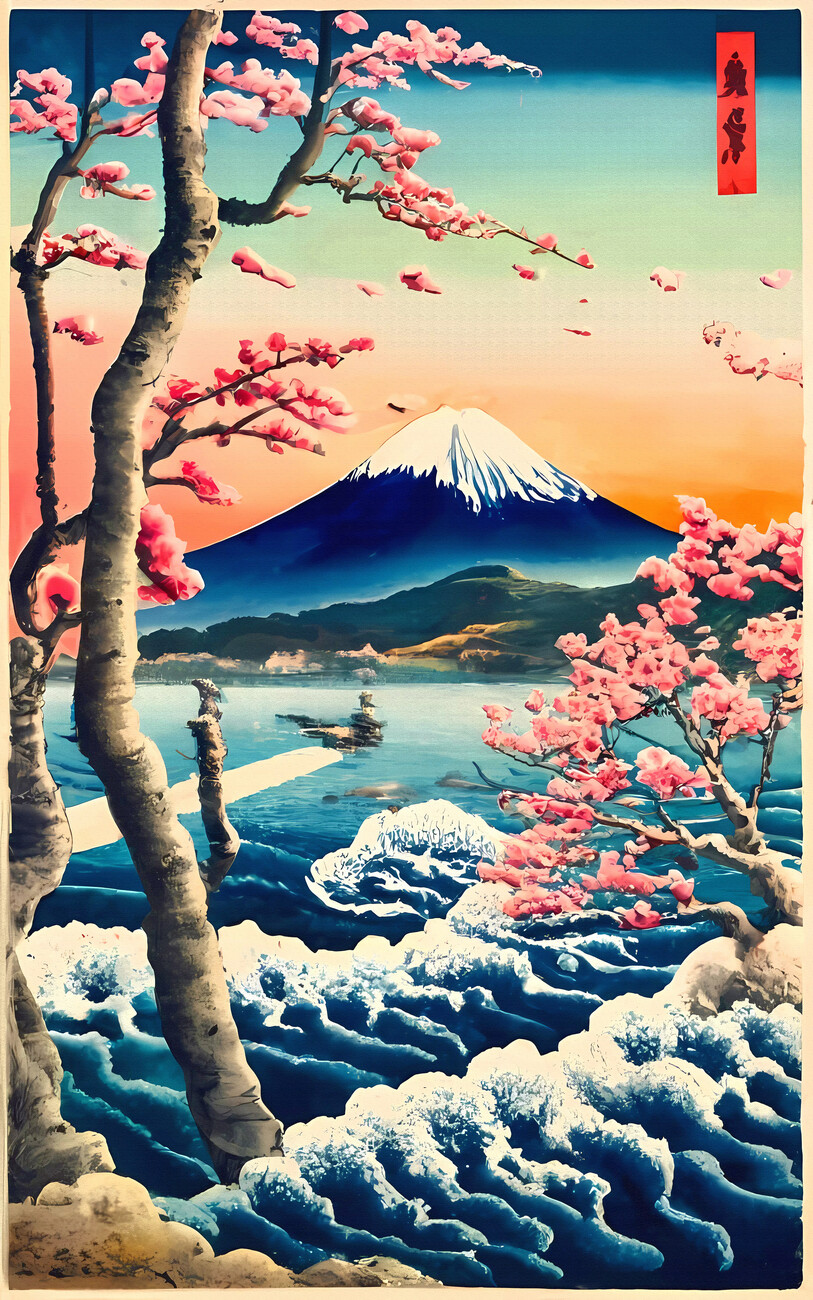 Wall Art Print, Traditional Japanese Landscape - Mount Fuji and Cherry  trees