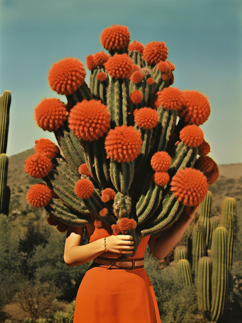 Ramo De Cactus en el Desierto - Naranja y Verde