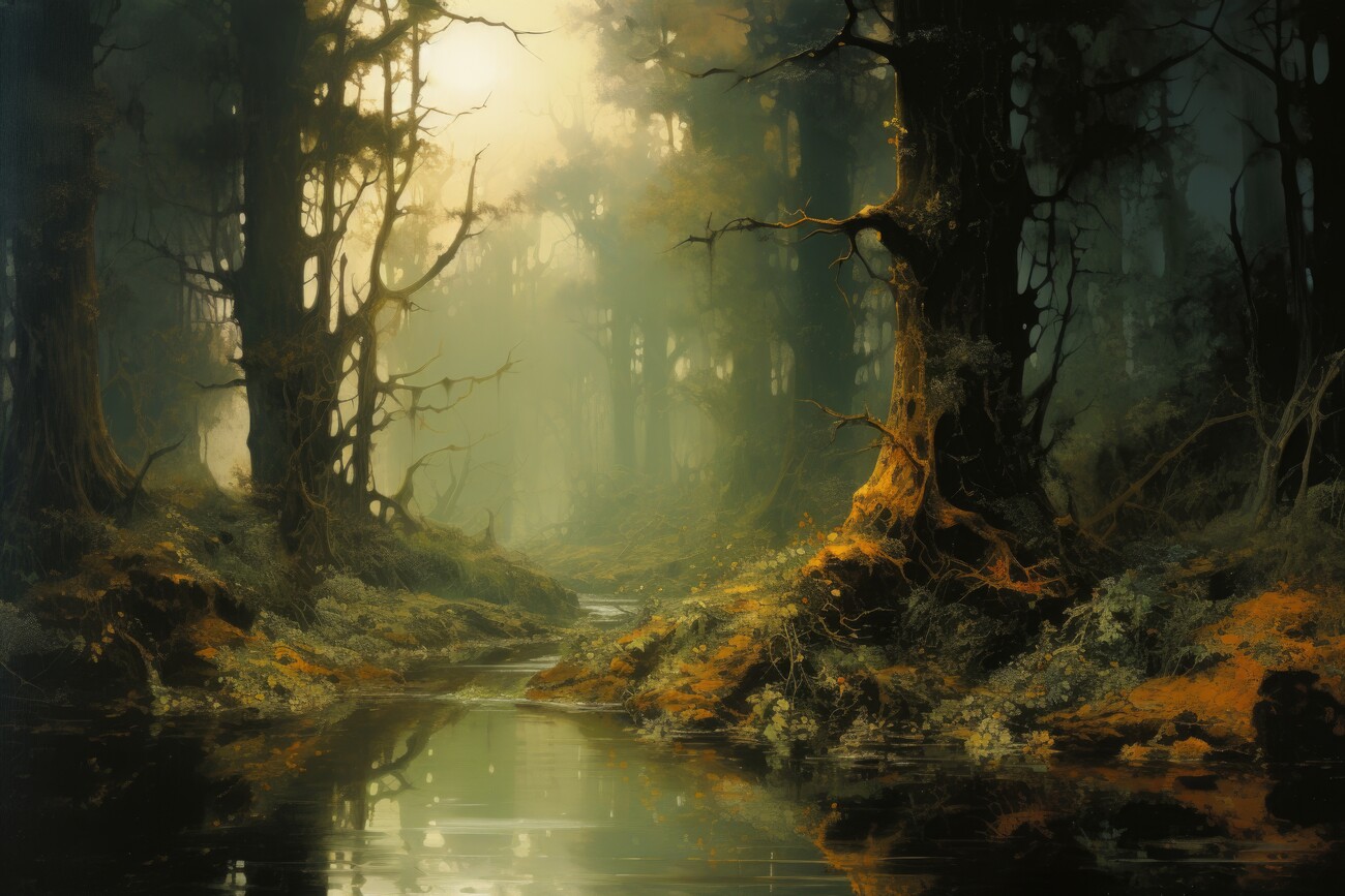 dark forest at twilight wall mural wallpaper