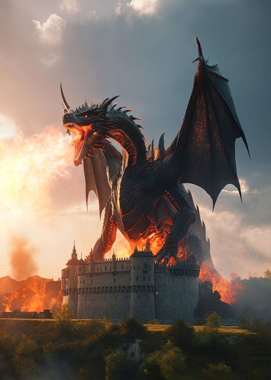 Illustration Dragon fire in a casttle