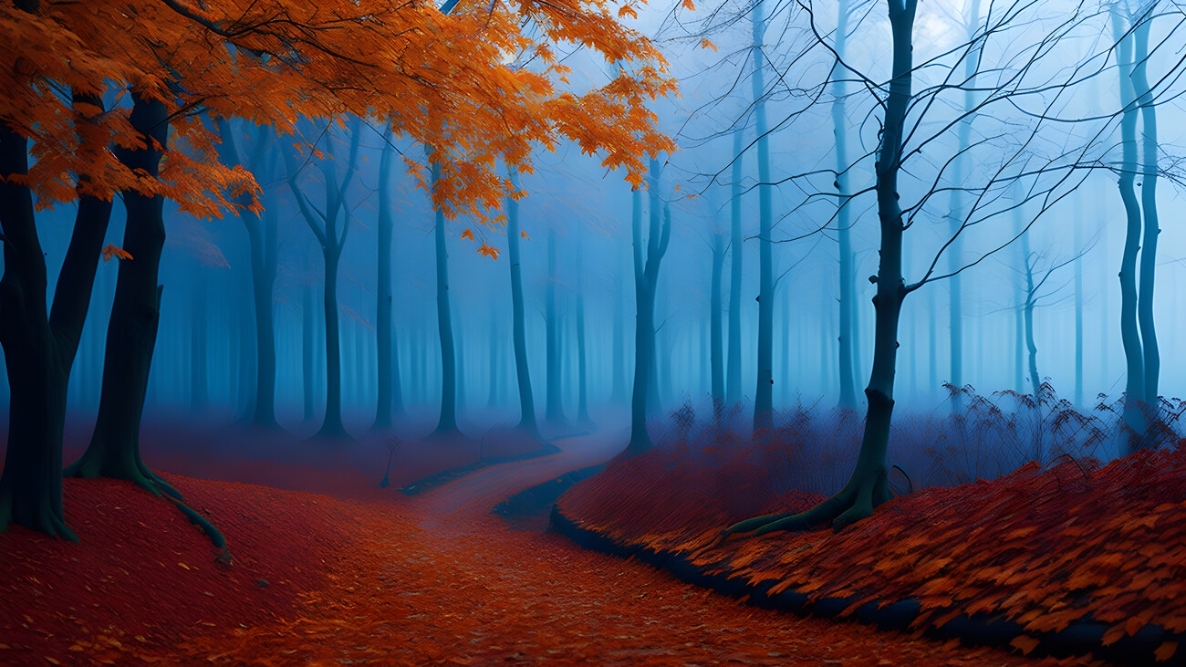 Mystical Autumn Forest With Trail In Blue Fog. Beautiful Landscape