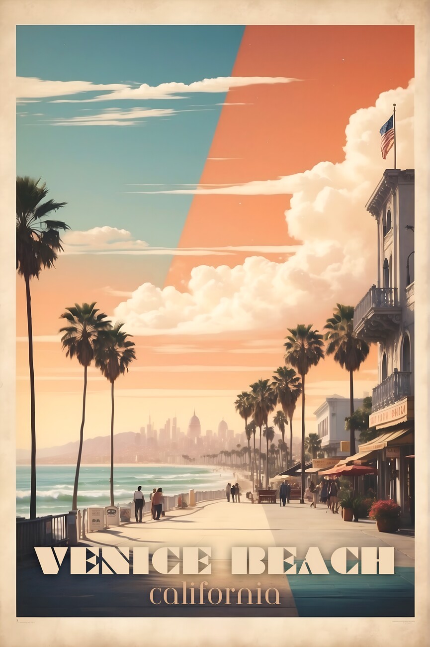 Wall Art Print, Venice Beach Vintage Travel Poster - Coastal Nostalgia Art