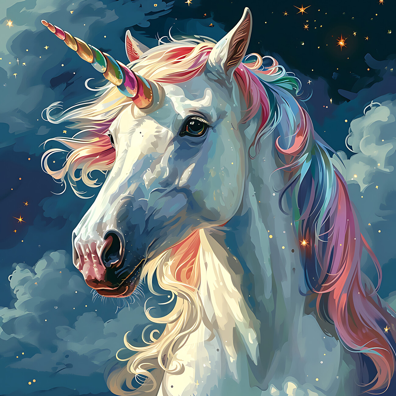 Pretty Rainbow Unicorn and Stars - Unicorns - Posters and Art