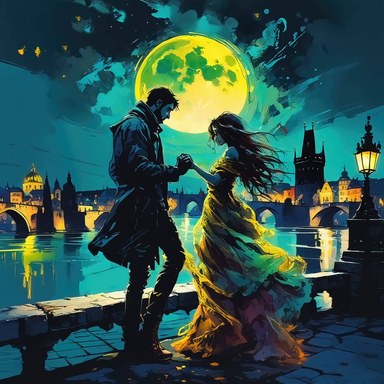 Wall Art Print, A couple of lovers in the moonlight