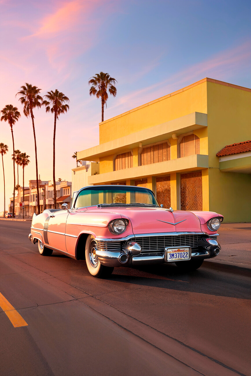 Роскошный старинный розовый Cadillac Eldorado на белом фоне студии.