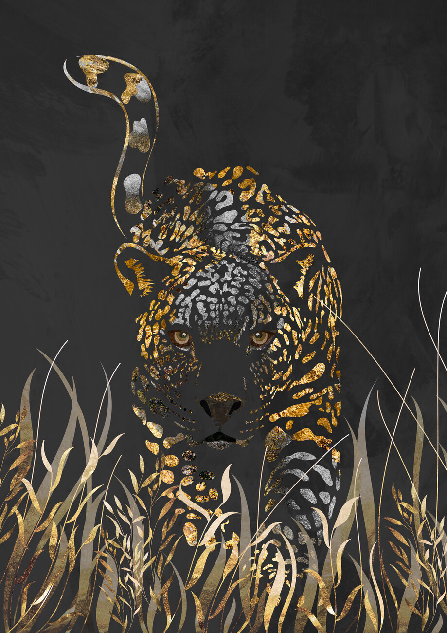 Ilustrace Black gold jaguar in grass, Sarah Manovski, (30 x 40 cm)