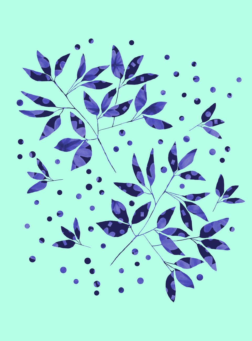 Umělecká fotografie Floral Branches Blue Pattern On Mint, Michele Channell, (30 x 40 cm)