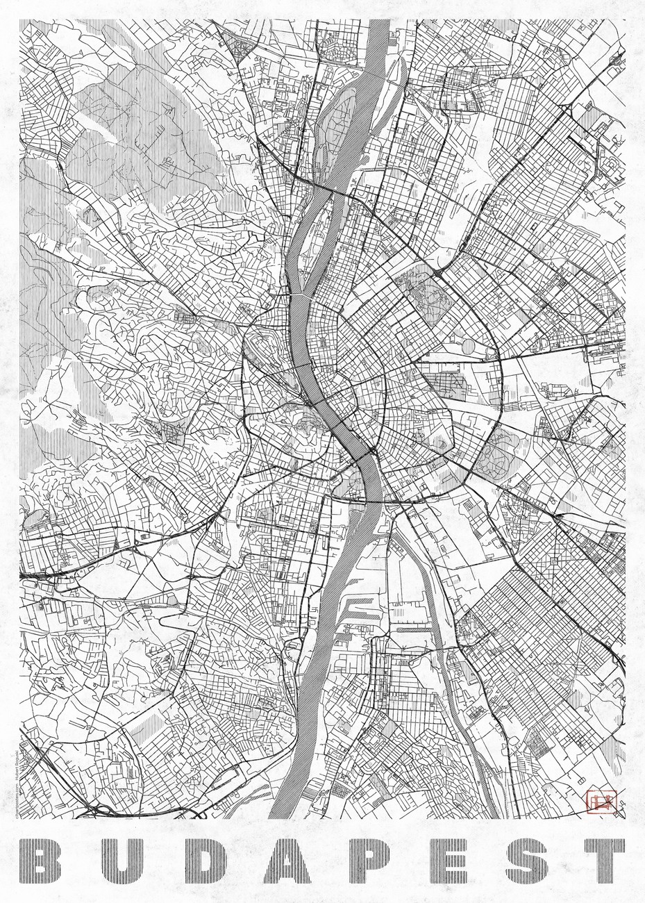 Mapa Budapest, Hubert Roguski, (30 x 40 cm)