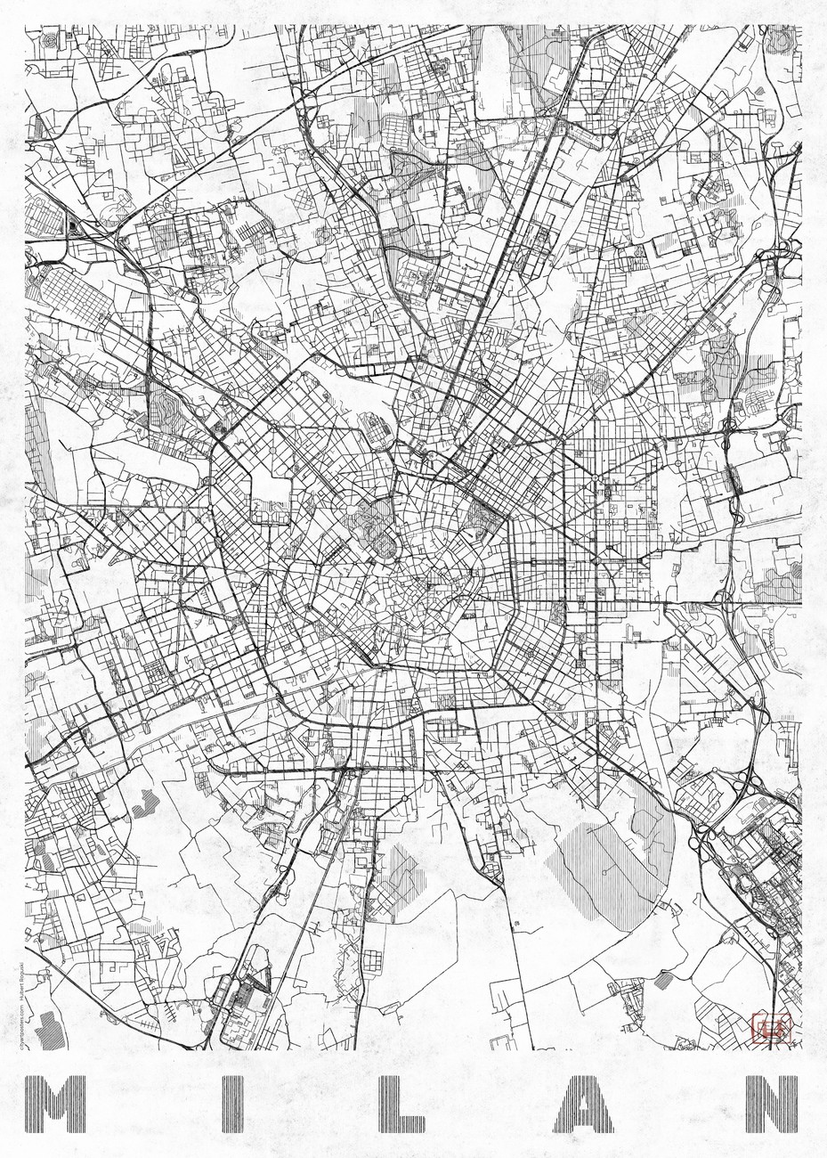 Mapa Milan, Hubert Roguski, (30 x 40 cm)