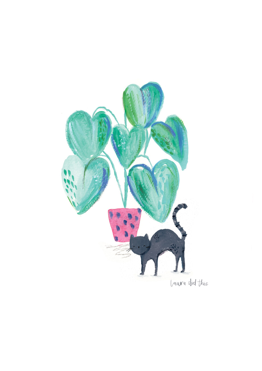Illustration Black cat and plant