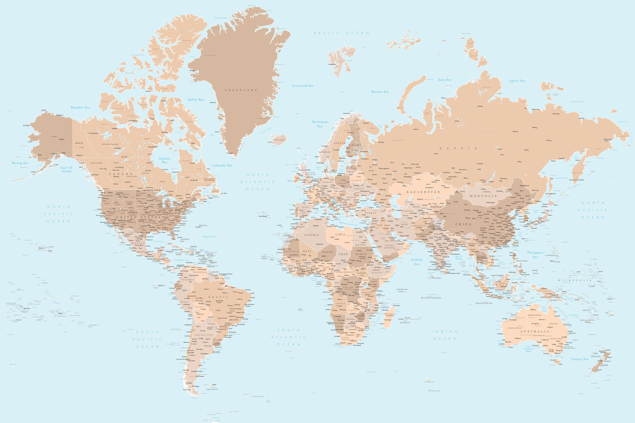 Map Blue and brown detailed world map with cities