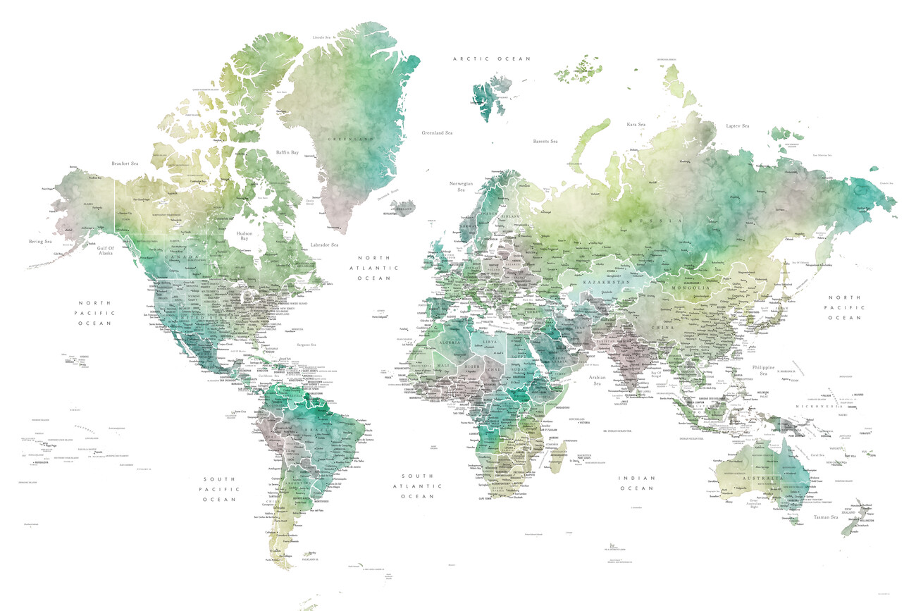 Mapa De Watercolor World Map With Cities In Muted Green Oriole ǀ Mapas De Ciudades Y Mapas 5296