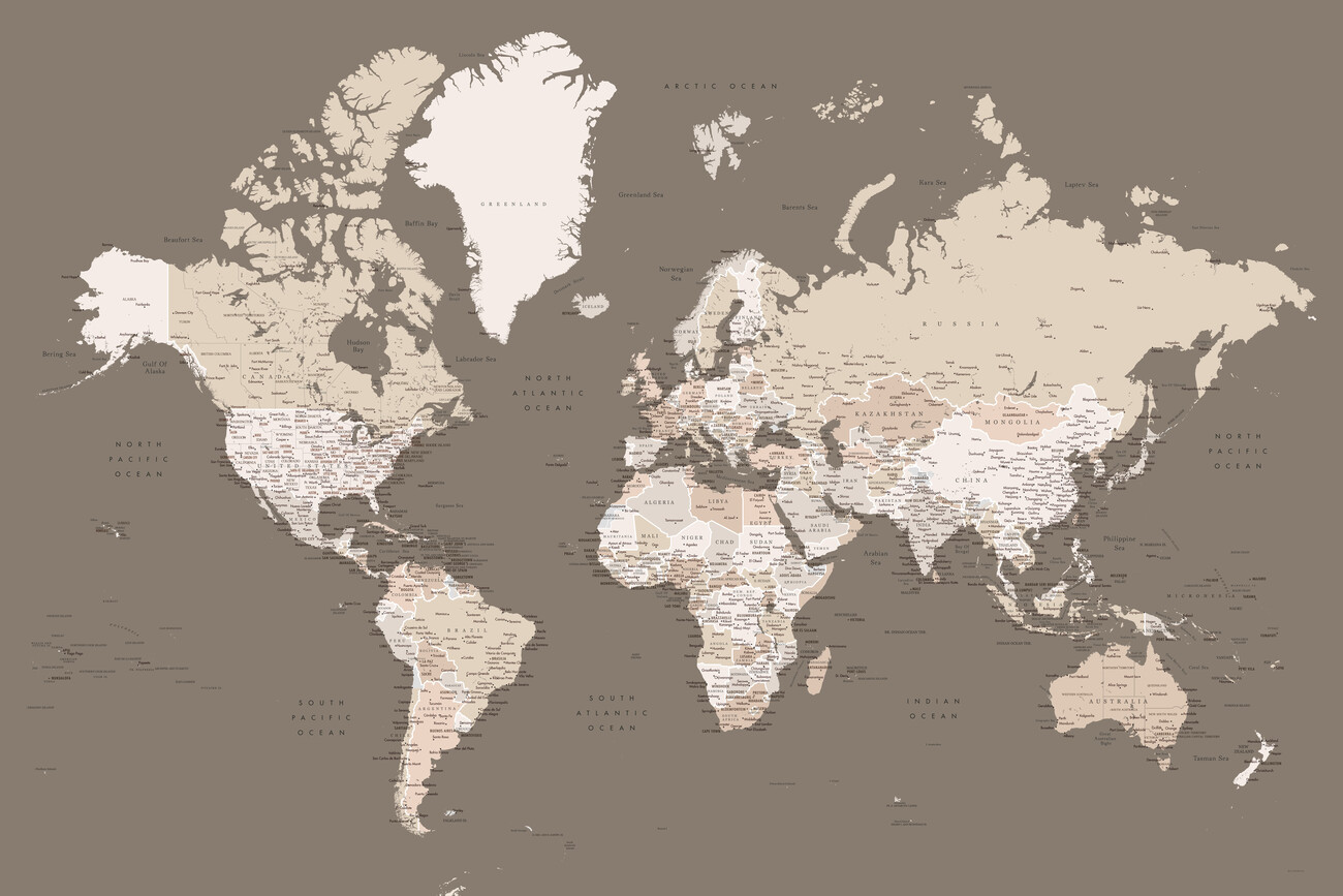 World Map With Cities Map Of Earth Tones Detailed World Map With Cities ǀ Maps Of All Cities And  Countries For Your Wall